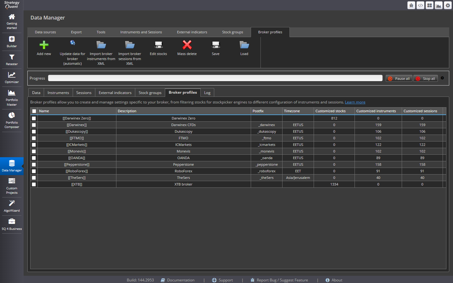 Broker profiles画面。Darwinex、Dukascopy、FTMO、ICMarkets、OANDAなどのプロファイルにTimezone列(EETUS、EET、Asia/Jerusalem)がある