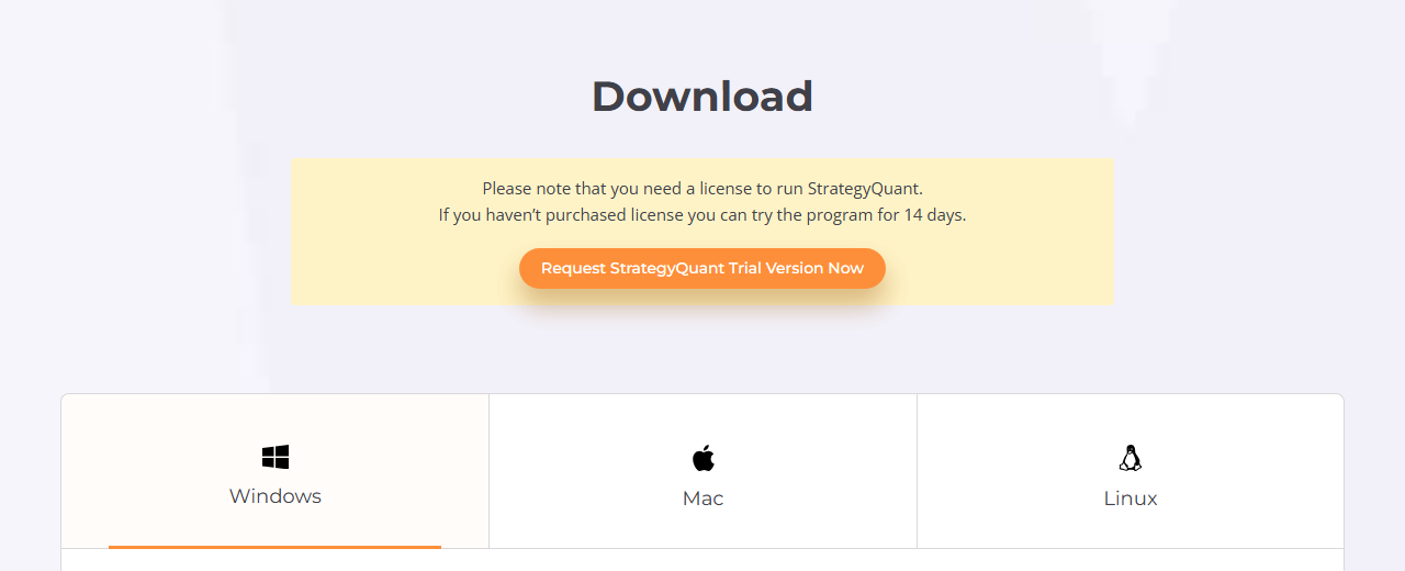 ダウンロードページ上部。ライセンスが必要である旨の注意書きと、Request StrategyQuant Trial Version Nowボタン、OS選択タブ